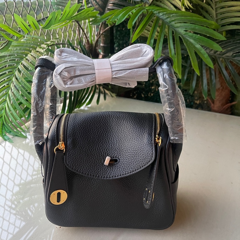 Crossbody Top Handle Leather Bag - Black